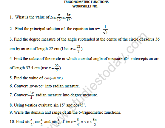 CBSE Class 11 Mathematics Trigonometric Functions Worksheet Set A 1