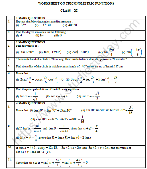CBSE Class 11 Mathematics Trigonometric Functions Worksheet Set B 1