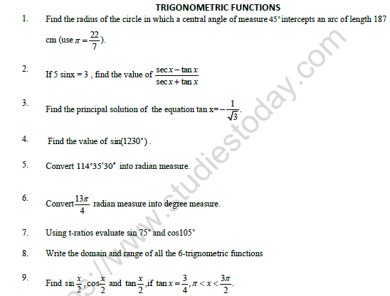CBSE Class 11 Mathematics Trigonometric Functions Worksheet Set C 1