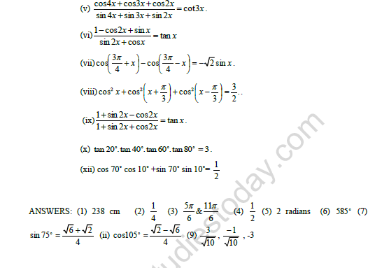 CBSE Class 11 Mathematics Trigonometric Functions Worksheet Set C 3