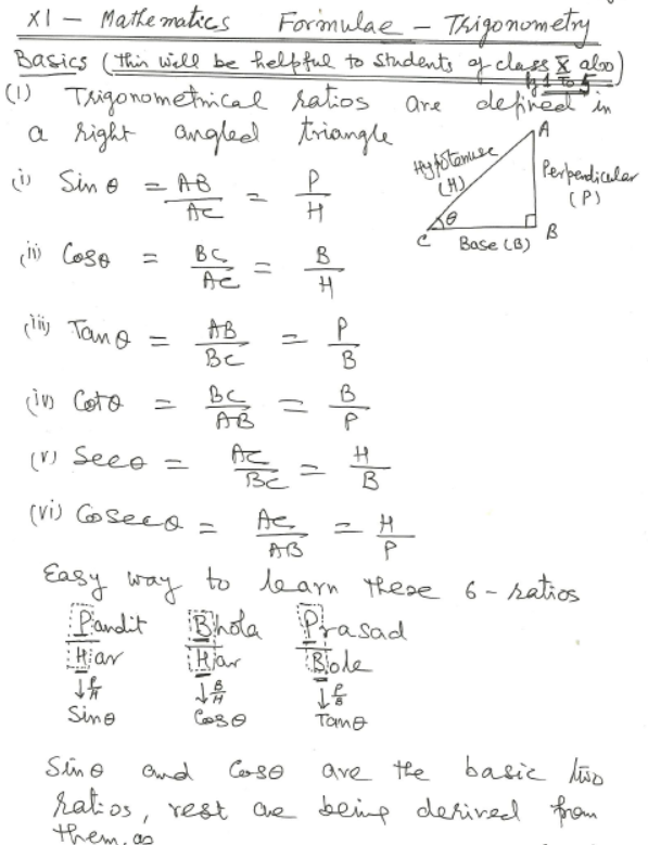 CBSE Class 11 Mathematics Trigonometry Notes Set A