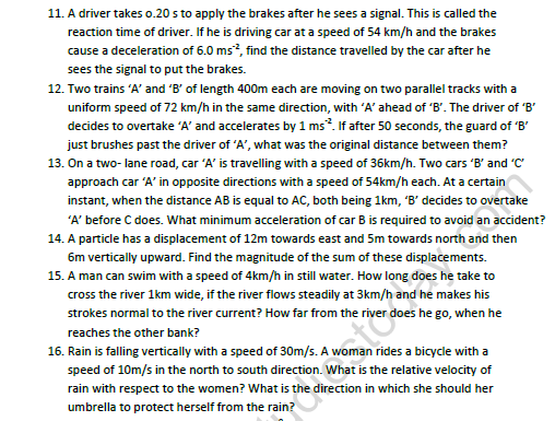 CBSE Class 11 Physics Kinematics Worksheet Set A 7