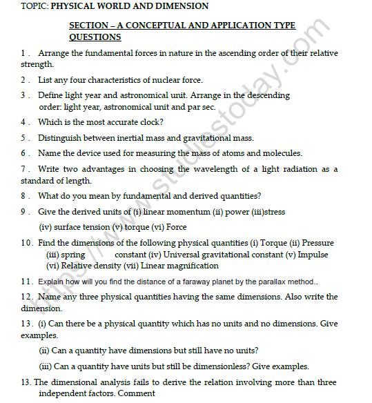 CBSE Class 11 Physics Physical World And Dimension Worksheet Set A 1