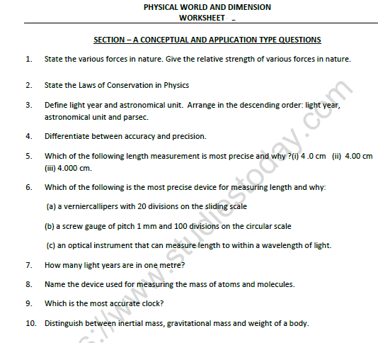 CBSE Class 11 Physics Physical World And Dimension Worksheet Set B 1