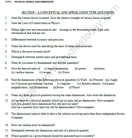 CBSE Class 11 Physics Physical World And Measurements Worksheet Se A 1
