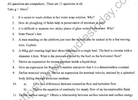 CBSE Class 11 Physics Worksheet Set H Solved