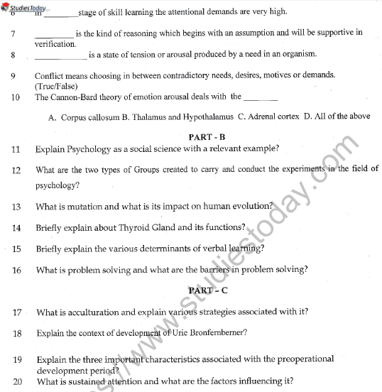 CBSE Class 11 Psychology Sample Paper Set H Solved 2