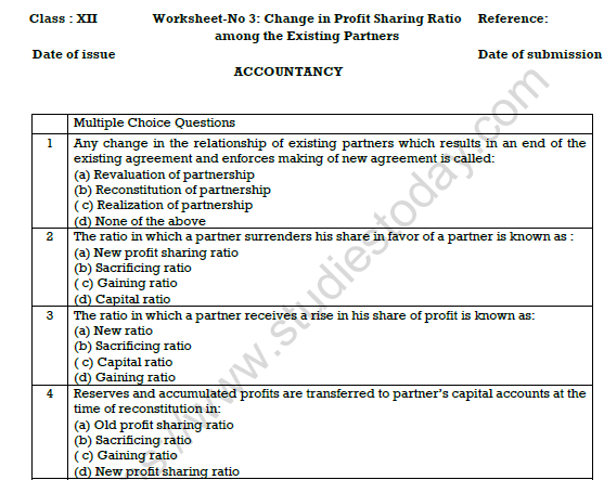 CBSE Class 12 Accountancy Change in Profit Sharing Worksheet Set B 1