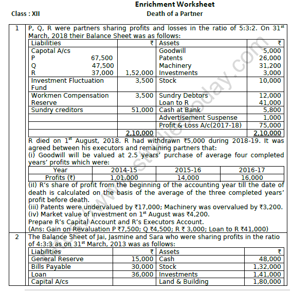 CBSE Class 12 Accountancy Death of A Partner Worksheet Set A 1