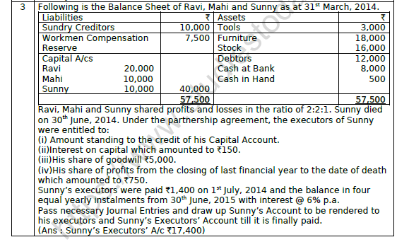 CBSE Class 12 Accountancy Death of A Partner Worksheet Set A 3