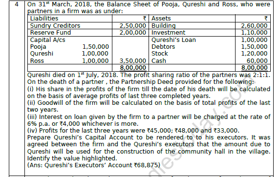 CBSE Class 12 Accountancy Death of A Partner Worksheet Set A 4