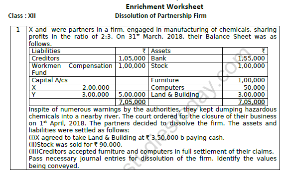 CBSE Class 12 Accountancy Dissoultion of Partnership Firm Worksheet Set A 1