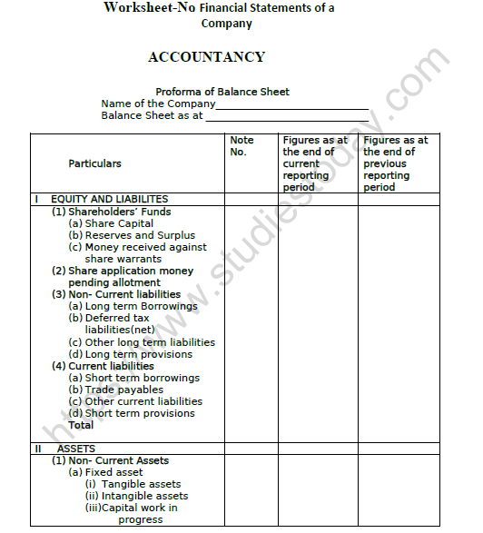 CBSE Class 12 Accountancy Financial Statements of A Company Worksheet 1