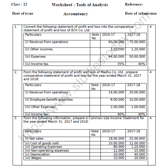 CBSE Class 12 Accountancy Tools of Analysis Worksheet Set A 1