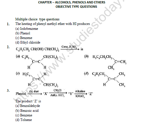 CBSE Class 12 Chemistry Alcohols Phenols And Ethers Worksheet Set C 1