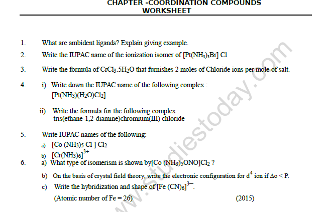 CBSE Class 12 Chemistry Coordination Compounds Worksheet Set A 1