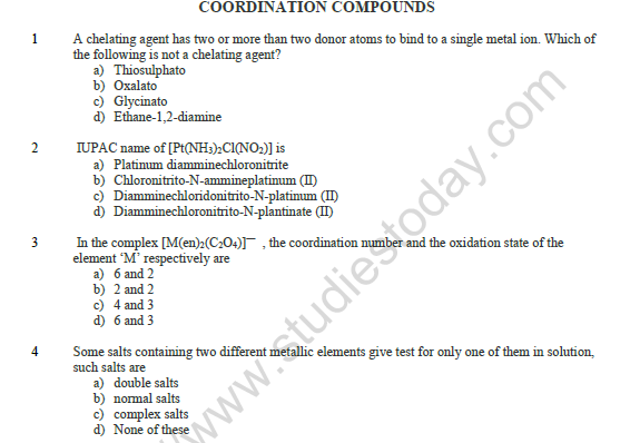 CBSE Class 12 Chemistry Coordination Compounds Worksheet Set C 1