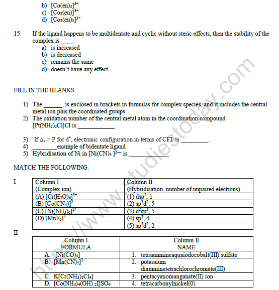CBSE Class 12 Chemistry Coordination Compounds Worksheet Set C 5