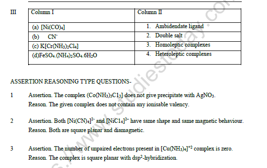 CBSE Class 12 Chemistry Coordination Compounds Worksheet Set C 6