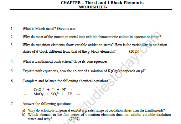 CBSE Class 12 Chemistry D And F Block Elements Worksheet Set A 1