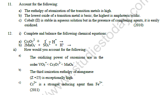 CBSE Class 12 Chemistry D And F Block Elements Worksheet Set A 3