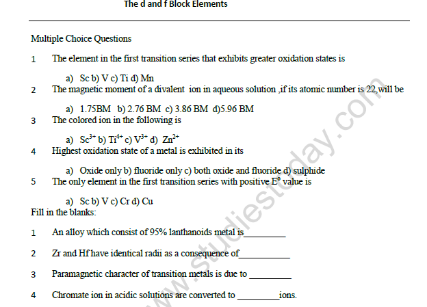 CBSE Class 12 Chemistry D And F Block Elements Worksheet Set B 1