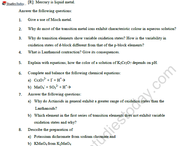 CBSE Class 12 Chemistry D And F Block Elements Worksheet Set B 3