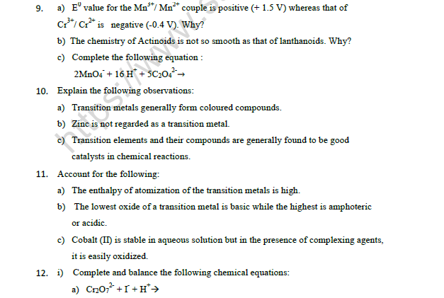 CBSE Class 12 Chemistry D And F Block Elements Worksheet Set B 4