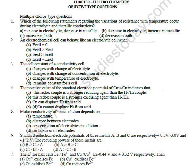 CBSE Class 12 Chemistry Electrochemistry Question Bank Set C 1