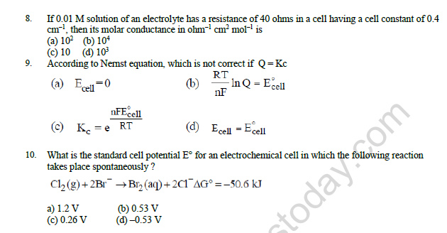 CBSE Class 12 Chemistry Electrochemistry Question Bank Set C 2