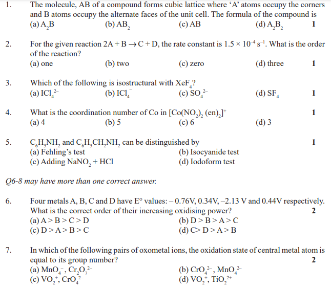 CBSE Class 12 Chemistry Sample Paper Set A