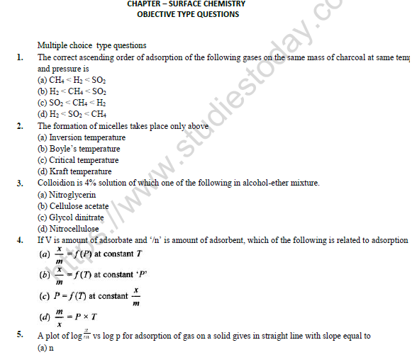 CBSE Class 12 Chemistry Surface Chemistry Question Bank Set B 1