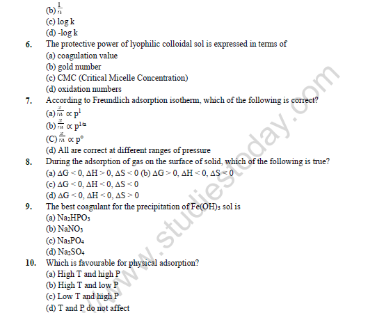 CBSE Class 12 Chemistry Surface Chemistry Question Bank Set B 2