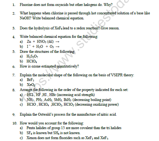 CBSE Class 12 Chemistry Worksheet Set D 1