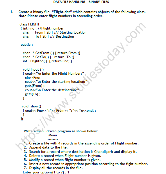 CBSE Class 12 Computer Science Binary Files Worksheet 1