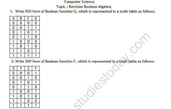 CBSE Class 12 Computer Science Boolean Algebra Worksheet 1