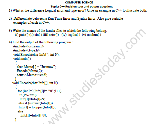 CBSE Class 12 Computer Science C++ Worksheet Set B 1