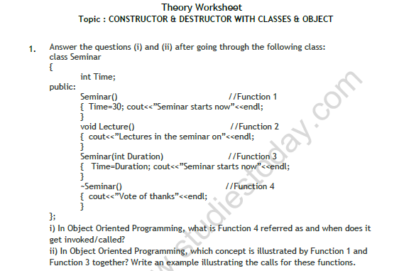 CBSE Class 12 Computer Science Constructor And Destructor Worksheet Set A 1