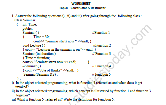 CBSE Class 12 Computer Science Constructor And Destructor Worksheet Set B 1