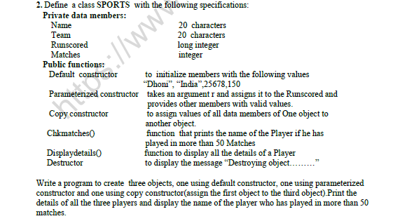 CBSE Class 12 Computer Science Constructor And Destructor Worksheet Set B 2