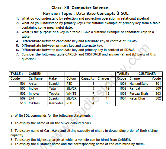 CBSE Class 12 Computer Science Data Base Concept Worksheet 1