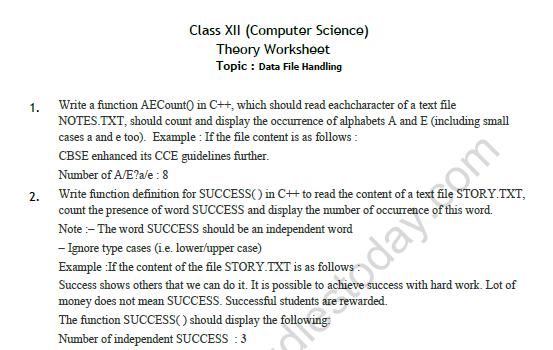CBSE Class 12 Computer Science Data File Handling Worksheet 1