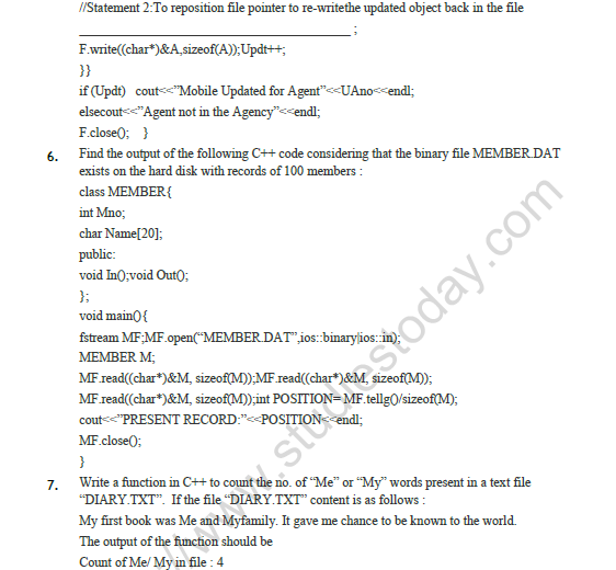 CBSE Class 12 Computer Science Data File Handling Worksheet 5