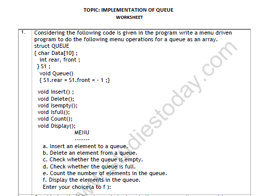 CBSE Class 12 Computer Science Implementation of Queue Worksheet Set A 1