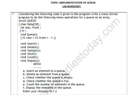 CBSE Class 12 Computer Science Implementation of Queue Worksheet Set B 1