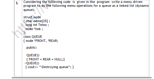 CBSE Class 12 Computer Science Implementation of Queue Worksheet Set B 2