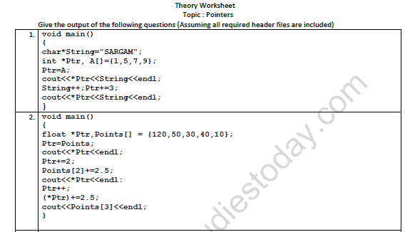 CBSE Class 12 Computer Science Pointers Worksheet 1