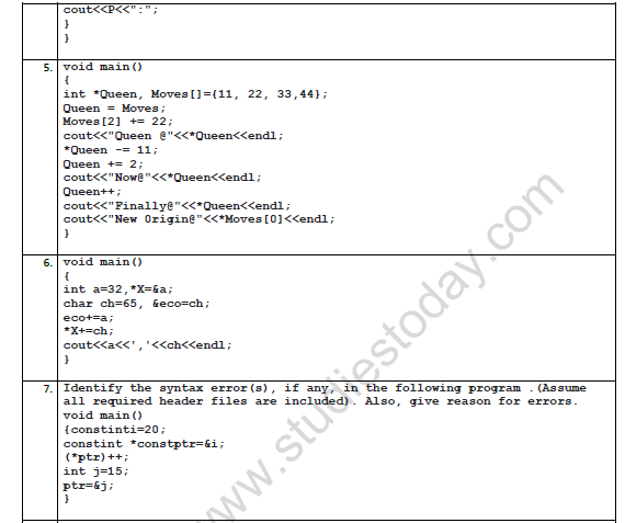 CBSE Class 12 Computer Science Pointers Worksheet 3