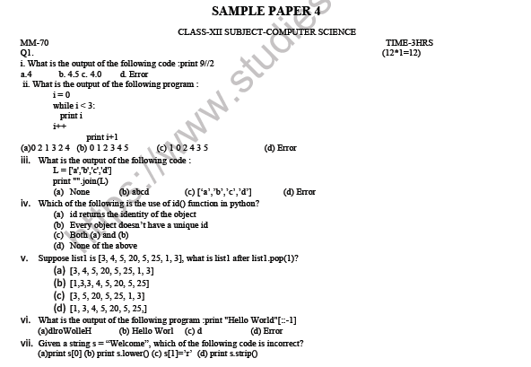 CBSE Class 12 Computer Science Sample Paper 4 2