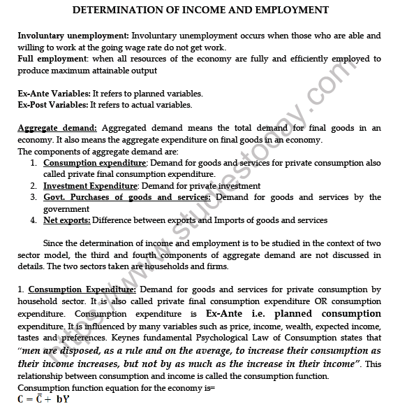 CBSE Class 12 Economics Determination of Income And Employment Worksheet 1